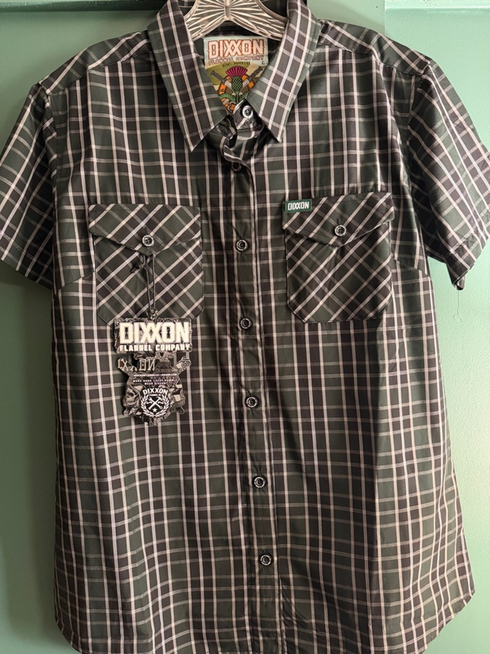 NWT DIXXON The Highlands Black and Dark Green Plaid Short-Sleeve Bamboo Blend